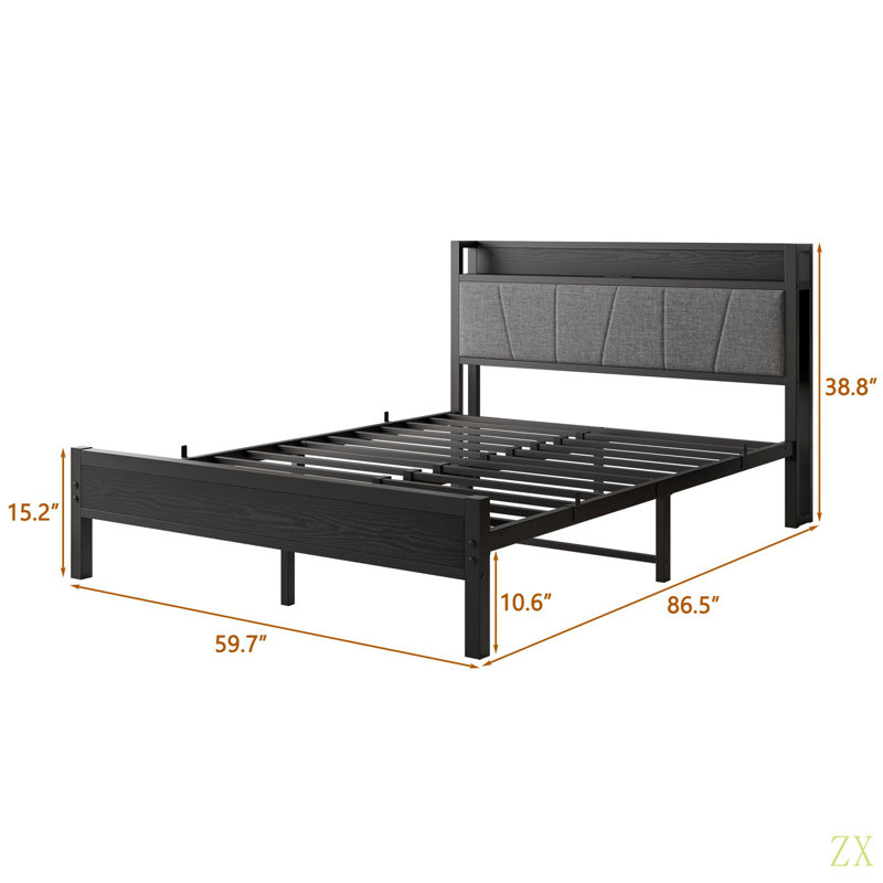 17 Stories Queen Size Bed Frame, Storage Headboard With Charging